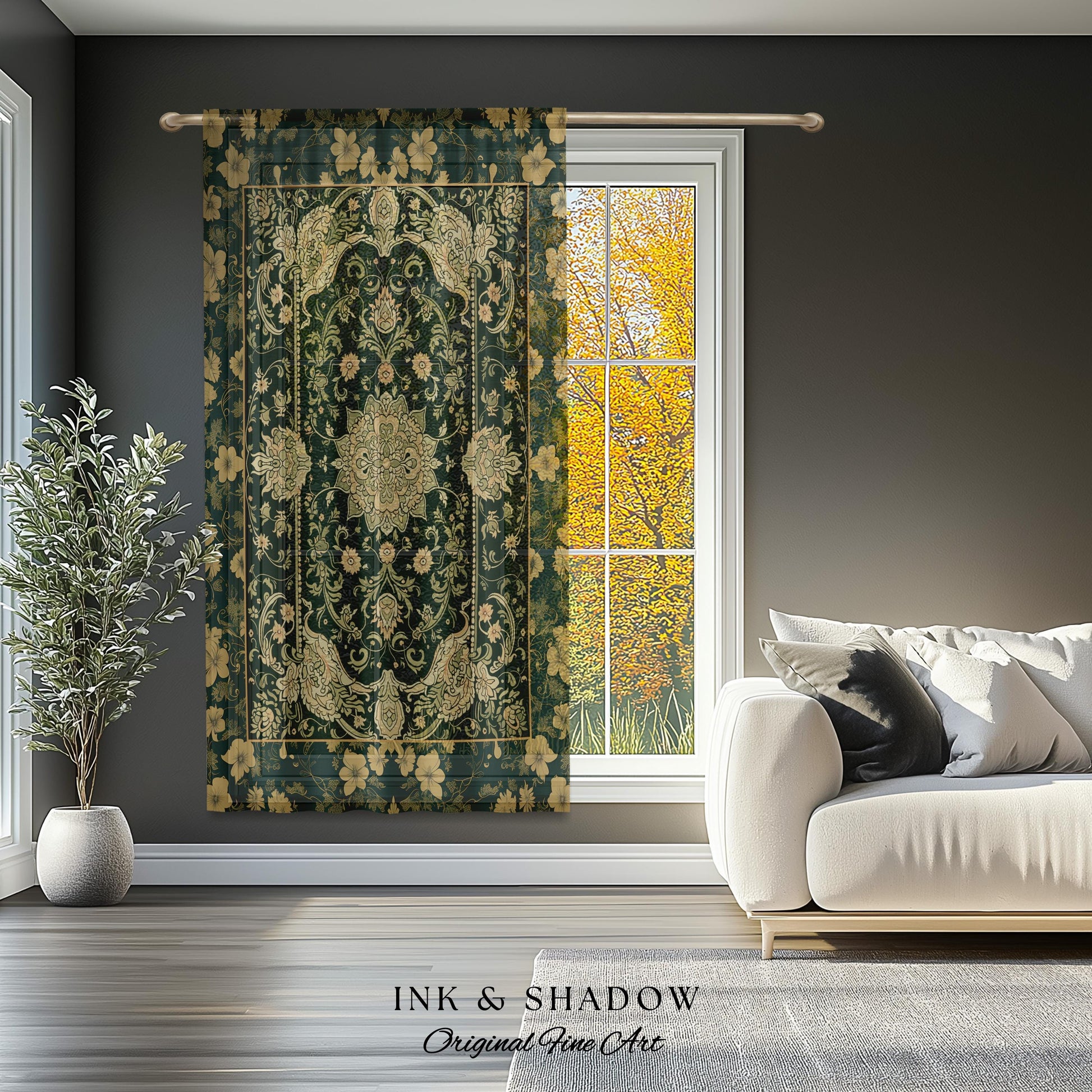 Antique-Inspired Bedroom Drapes | Gold and Emerald Accent Curtains Historical Aesthetic Enchanted Home Housewarming Gift Victorian Ornate |