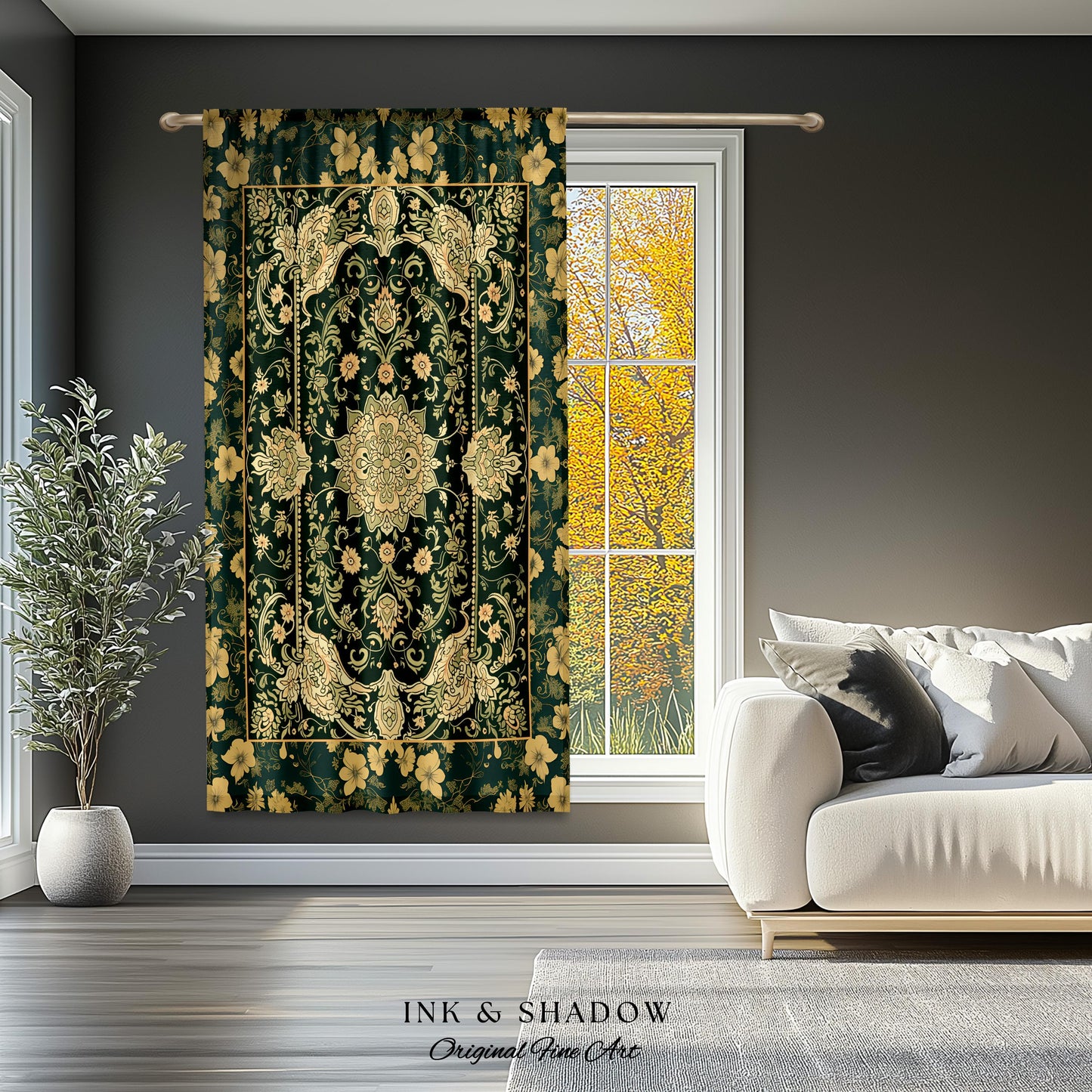 Antique-Inspired Bedroom Drapes | Gold and Emerald Accent Curtains Historical Aesthetic Enchanted Home Housewarming Gift Victorian Ornate |