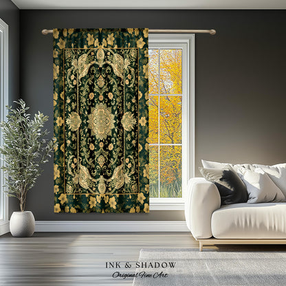 Antique-Inspired Bedroom Drapes | Gold and Emerald Accent Curtains Historical Aesthetic Enchanted Home Housewarming Gift Victorian Ornate |