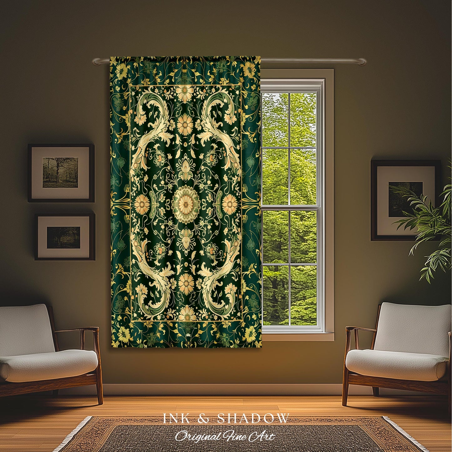 Whimsical Gothic Emerald Curtain | Dark Olive Panel Ethereal Room Accent Neo-Romantic Aesthetic Classical Baroque Revival Green Drape Set