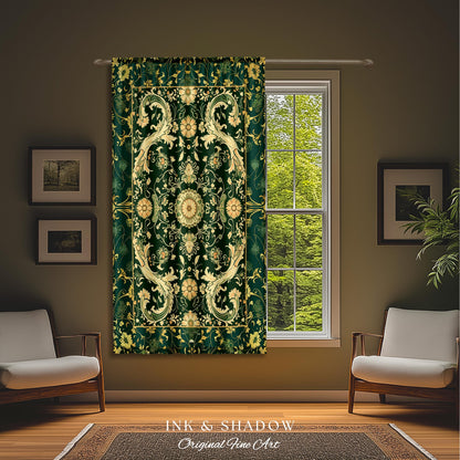 Whimsical Gothic Emerald Curtain | Dark Olive Panel Ethereal Room Accent Neo-Romantic Aesthetic Classical Baroque Revival Green Drape Set