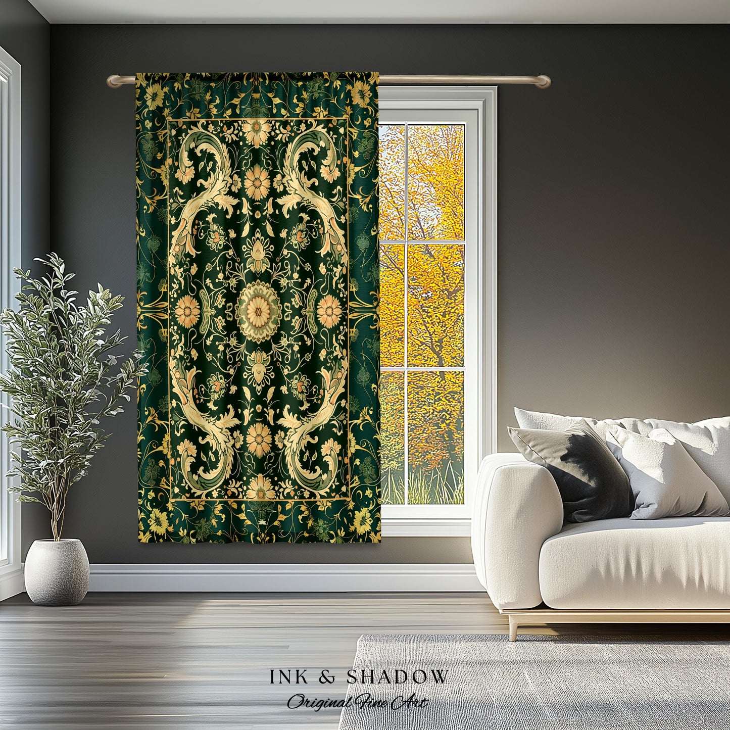 Whimsical Gothic Emerald Curtain | Dark Olive Panel Ethereal Room Accent Neo-Romantic Aesthetic Classical Baroque Revival Green Drape Set