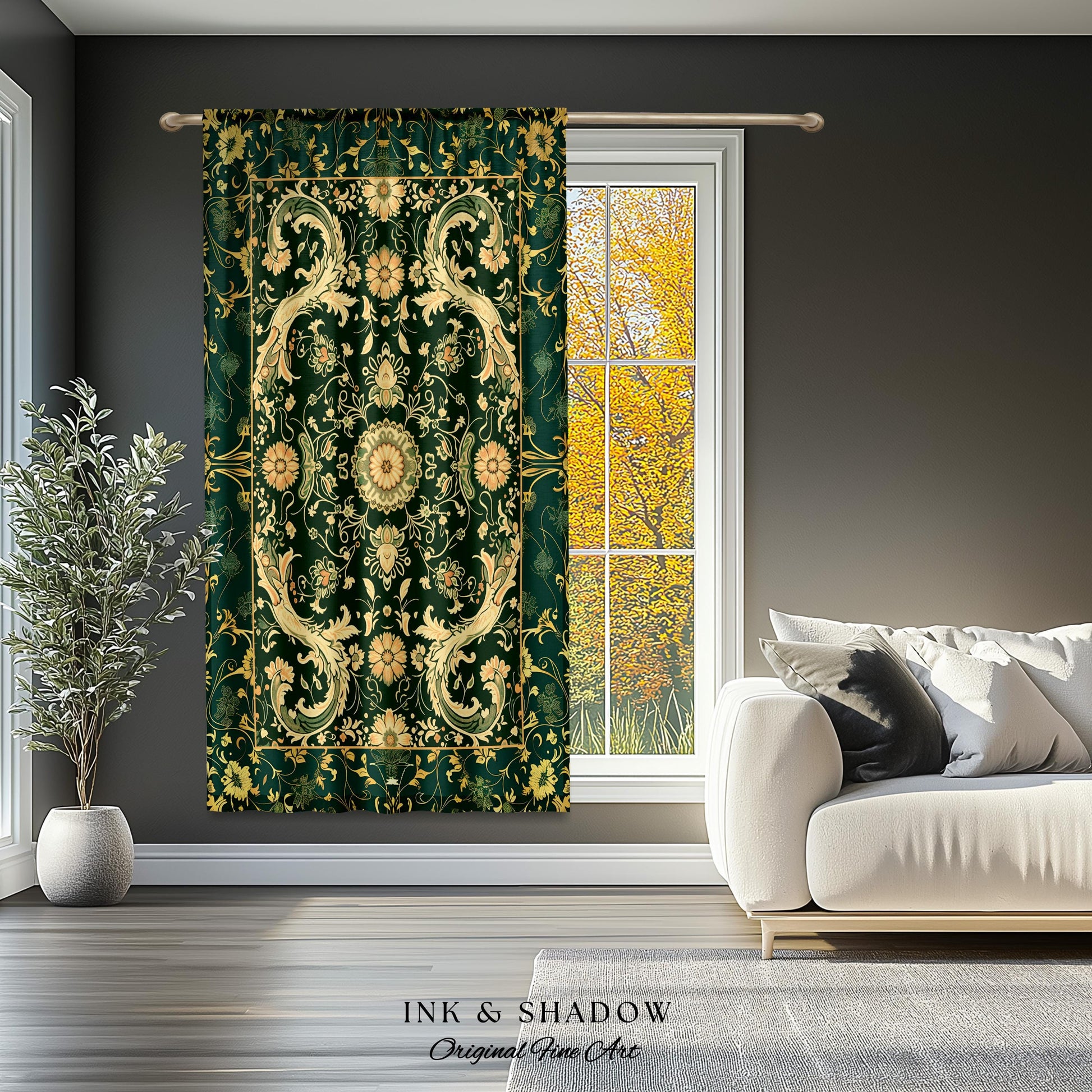 Whimsical Gothic Emerald Curtain | Dark Olive Panel Ethereal Room Accent Neo-Romantic Aesthetic Classical Baroque Revival Green Drape Set