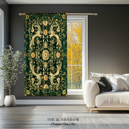 Whimsical Gothic Emerald Curtain | Dark Olive Panel Ethereal Room Accent Neo-Romantic Aesthetic Classical Baroque Revival Green Drape Set