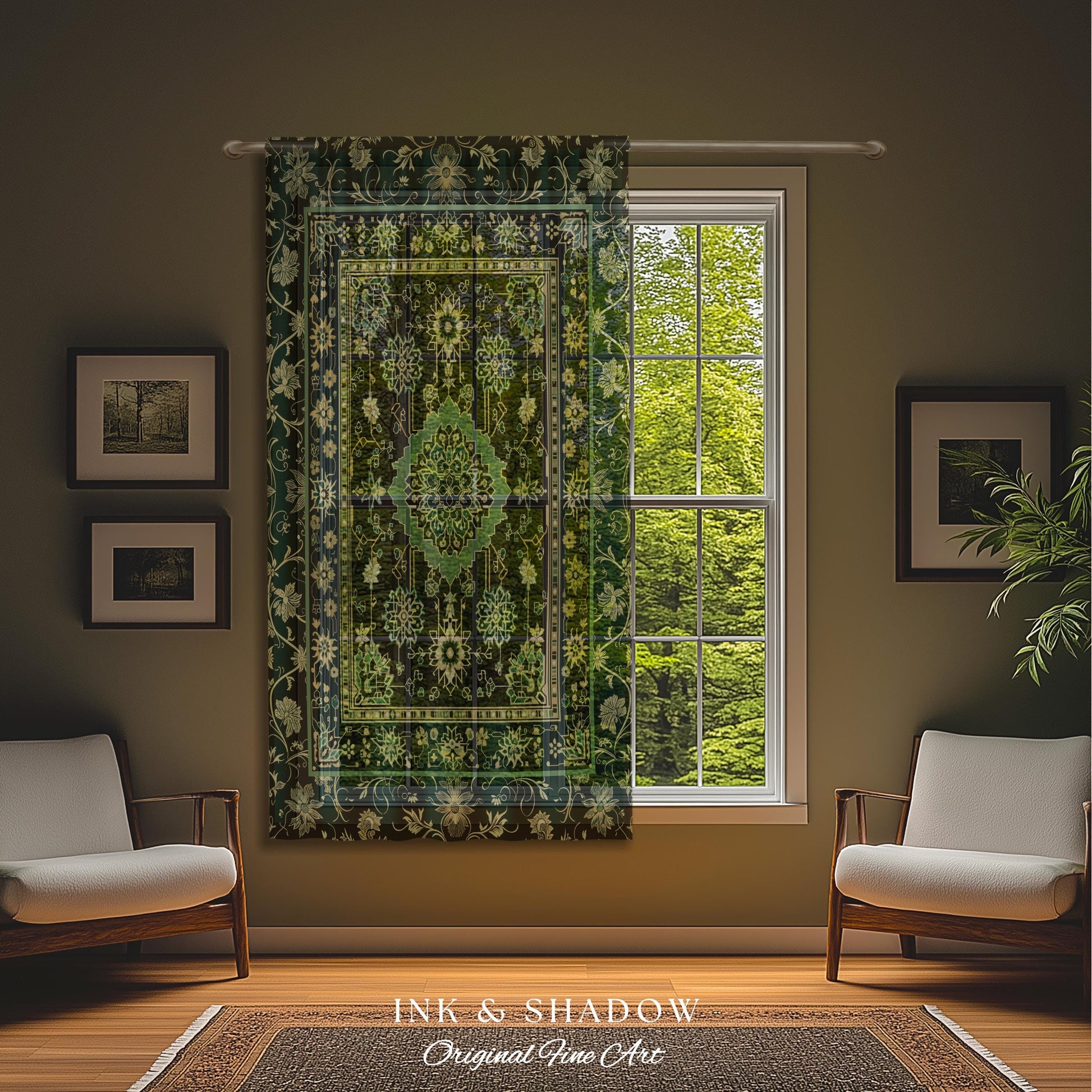 Dark Academia Emerald Curtains | Cozy Reading Nook Window Drapes Ornate with Blue Green Detail Cottagecore Victorian Gothic Aesthetic Decor