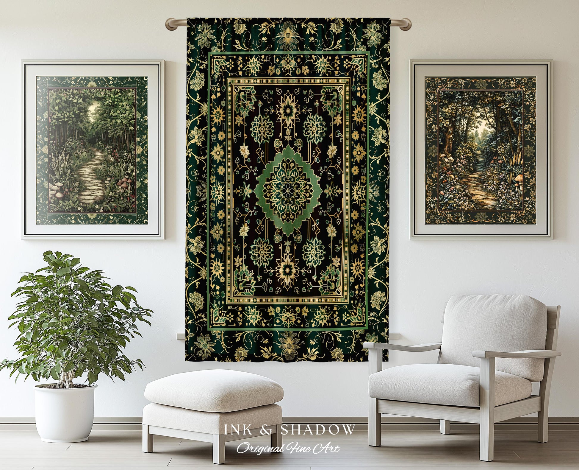 Dark Academia Emerald Curtains | Cozy Reading Nook Window Drapes Ornate with Blue Green Detail Cottagecore Victorian Gothic Aesthetic Decor