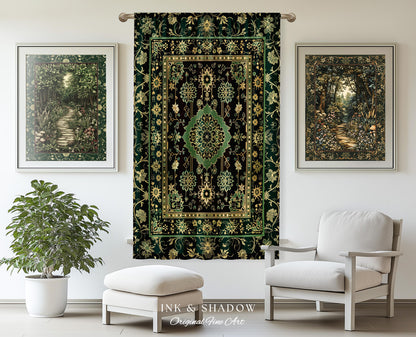 Dark Academia Emerald Curtains | Cozy Reading Nook Window Drapes Ornate with Blue Green Detail Cottagecore Victorian Gothic Aesthetic Decor