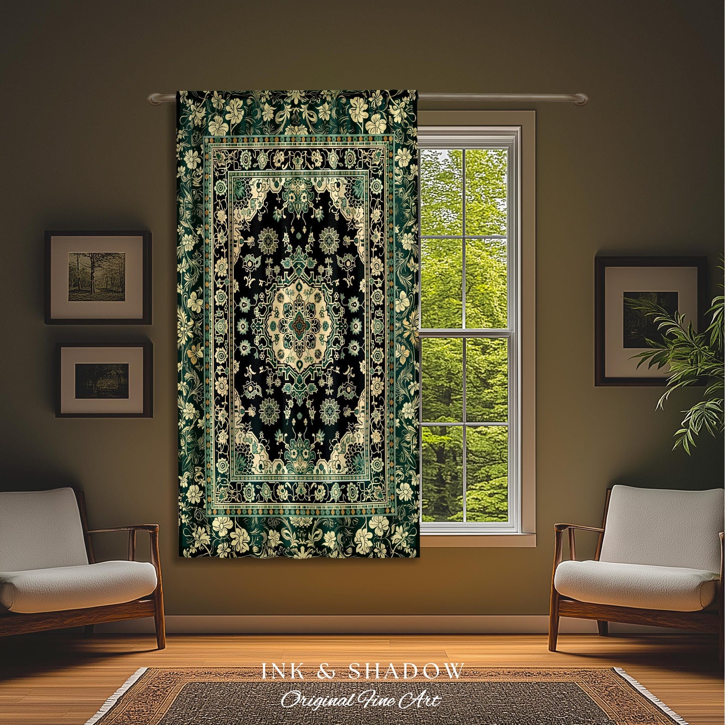 Victorian Gothic Bedroom Curtains | Reading Nook Cozy Window Drapes Ornate Statement Rug with Blue Green Detail Cottagecore Dark Academia