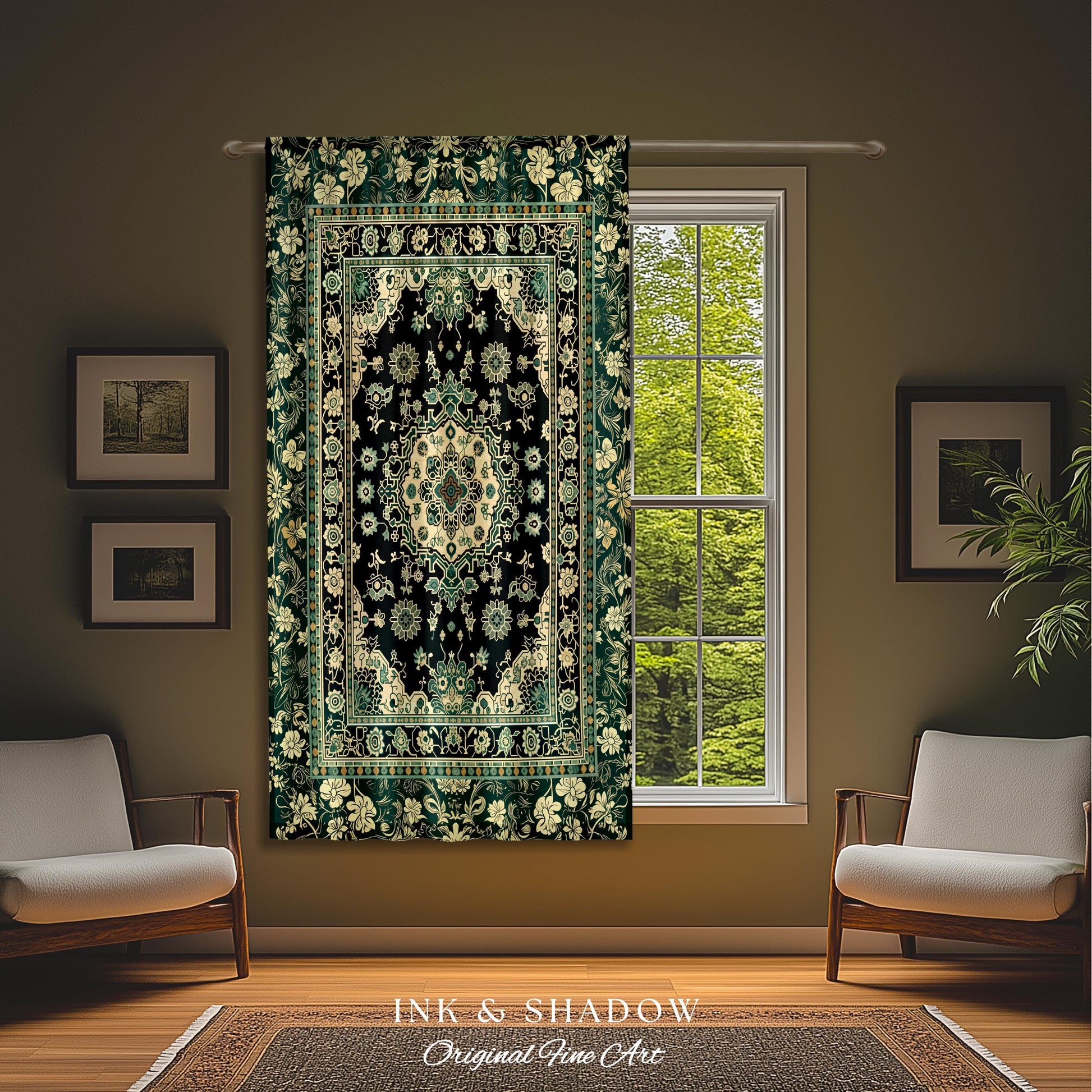 Victorian Gothic Bedroom Curtains | Reading Nook Cozy Window Drapes Ornate Statement Rug with Blue Green Detail Cottagecore Dark Academia