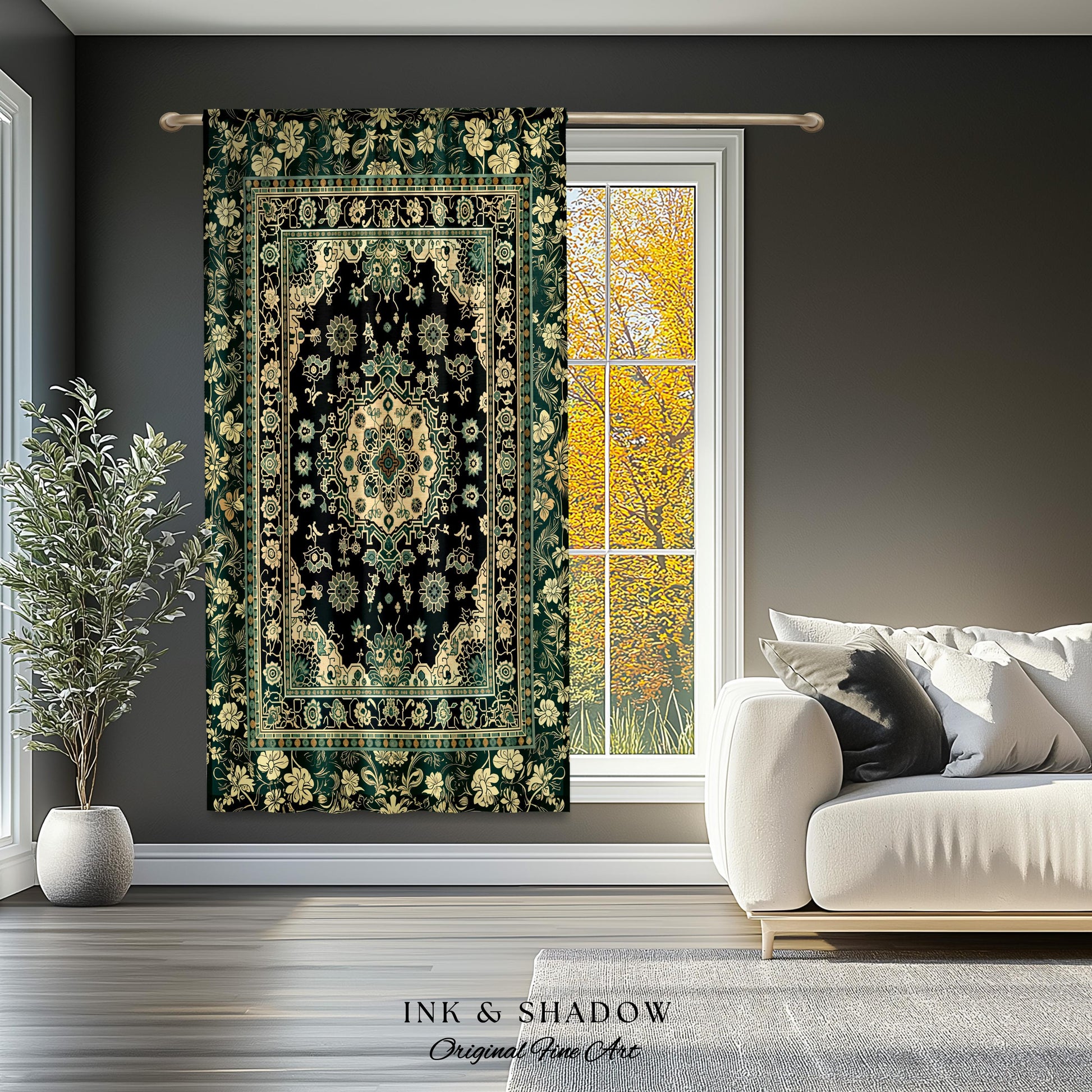 Victorian Gothic Bedroom Curtains | Reading Nook Cozy Window Drapes Ornate Statement Rug with Blue Green Detail Cottagecore Dark Academia