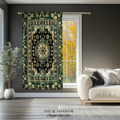 Victorian Gothic Bedroom Curtains | Reading Nook Cozy Window Drapes Ornate Statement Rug with Blue Green Detail Cottagecore Dark Academia