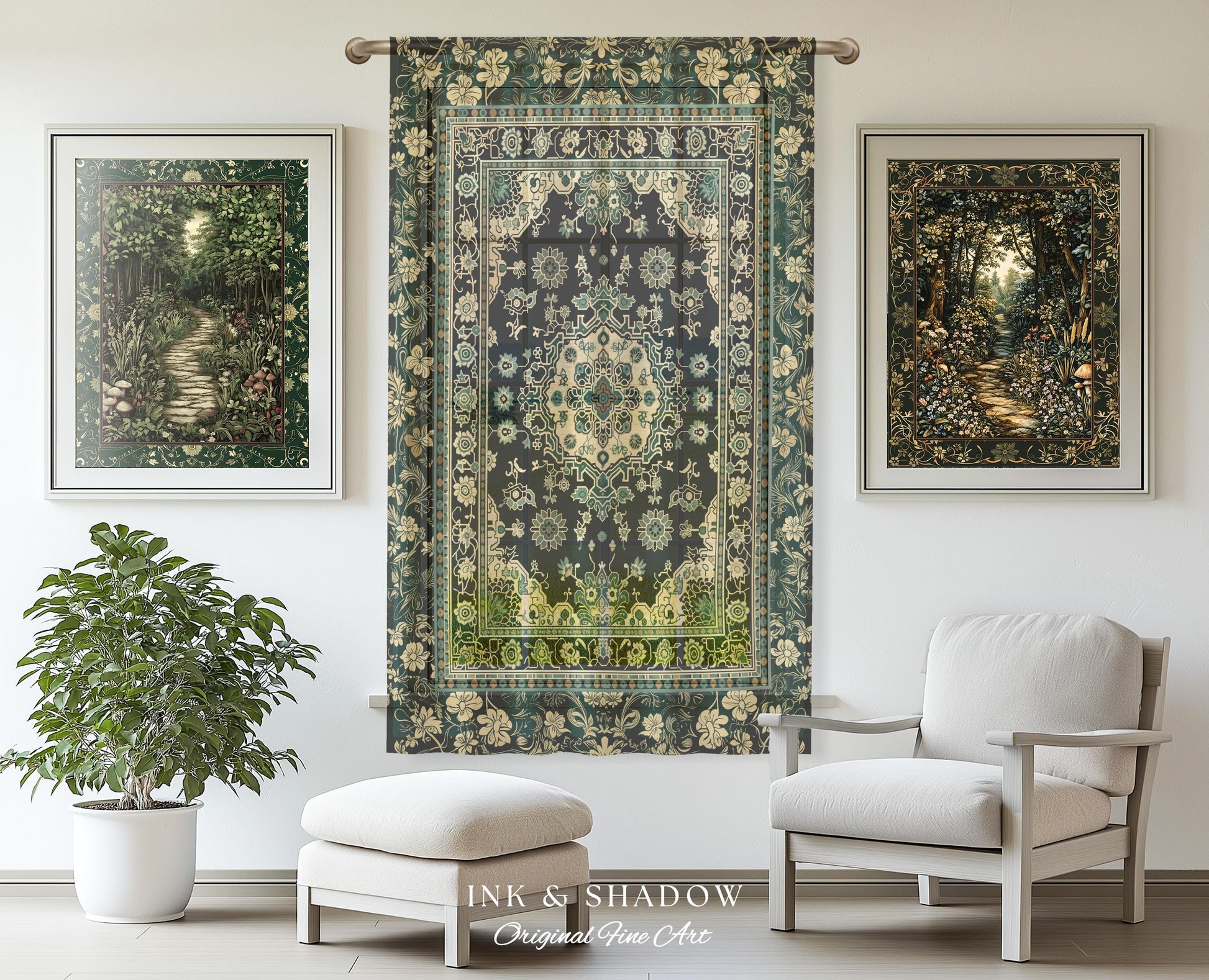Victorian Gothic Bedroom Curtains | Reading Nook Cozy Window Drapes Ornate Statement Rug with Blue Green Detail Cottagecore Dark Academia