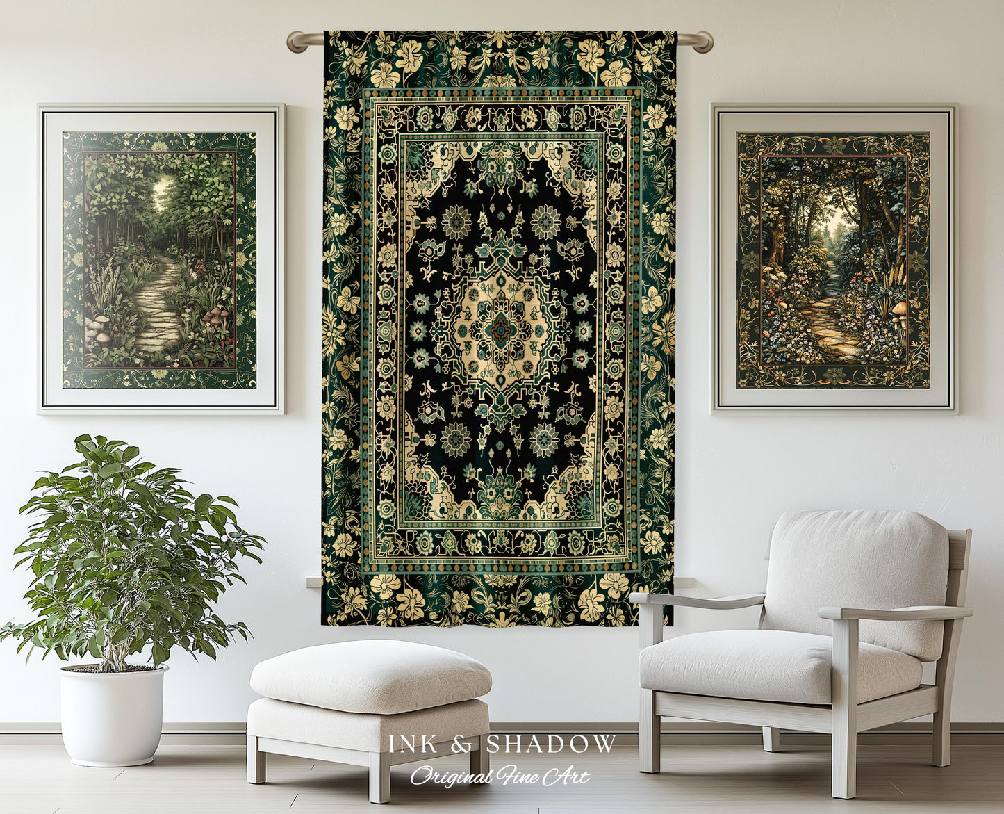 Victorian Gothic Bedroom Curtains | Reading Nook Cozy Window Drapes Ornate Statement Rug with Blue Green Detail Cottagecore Dark Academia