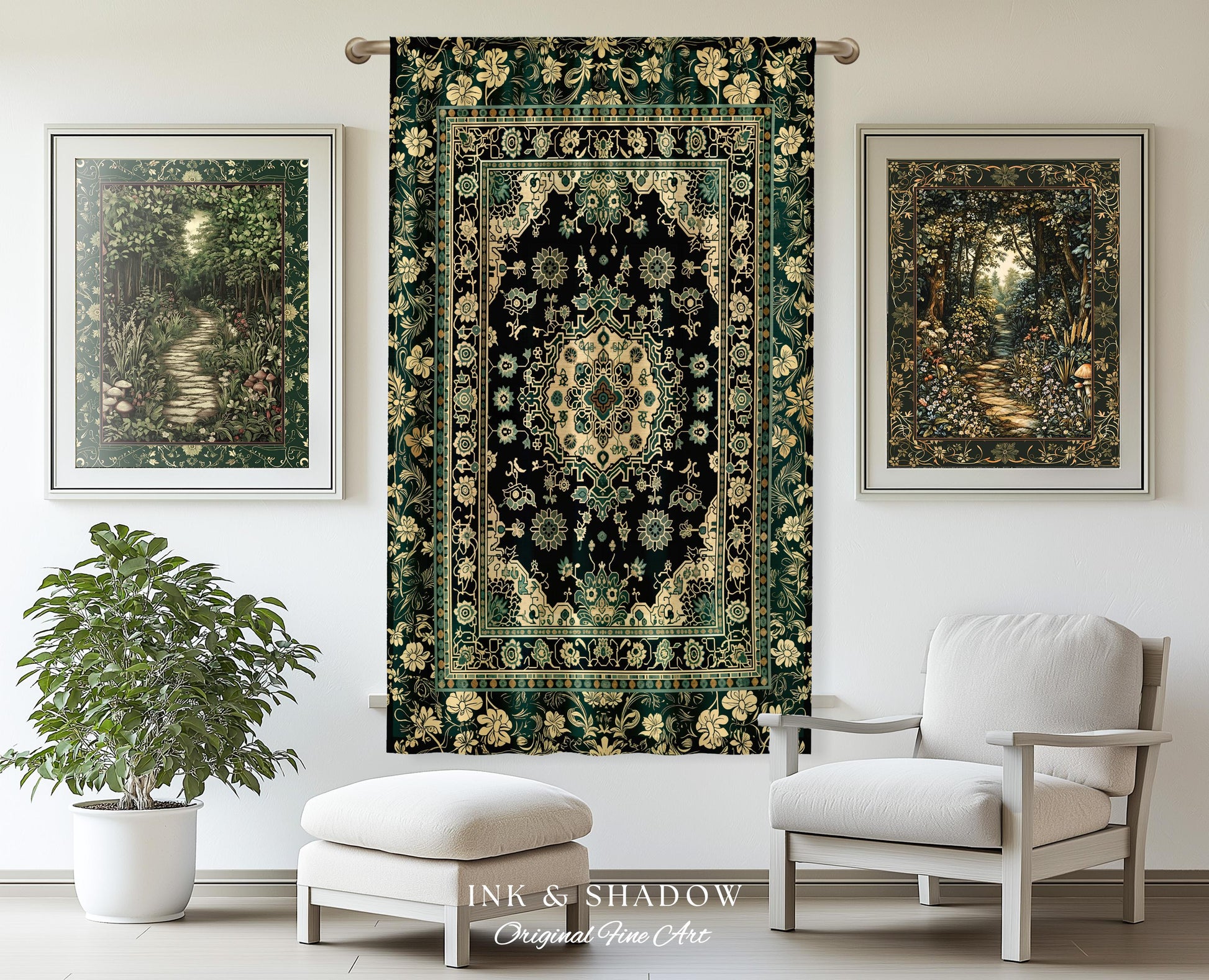 Victorian Gothic Bedroom Curtains | Reading Nook Cozy Window Drapes Ornate Statement Rug with Blue Green Detail Cottagecore Dark Academia