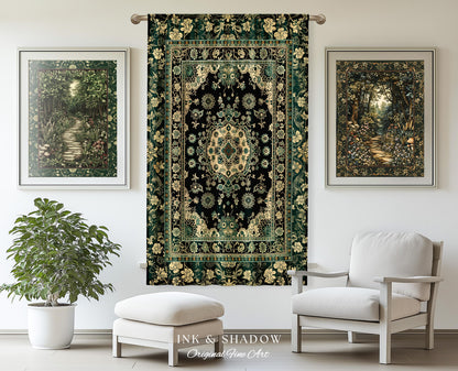 Victorian Gothic Bedroom Curtains | Reading Nook Cozy Window Drapes Ornate Statement Rug with Blue Green Detail Cottagecore Dark Academia