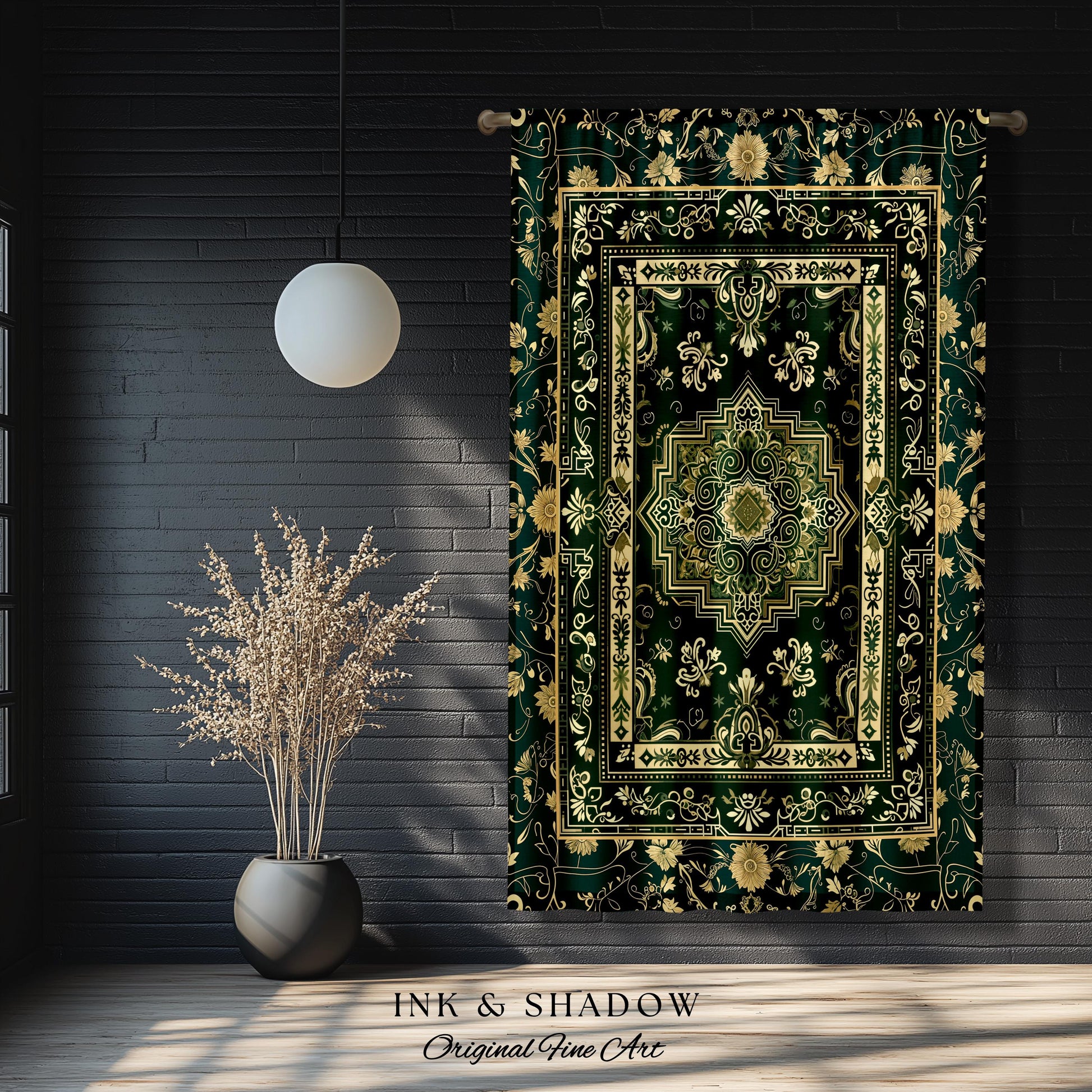 Gothic Maximalist Accent Curtain | Forest Green Window Drapes Ornate With Blue Green Detail Cottagecore Victorian Gothic Aesthetic Dark Teal