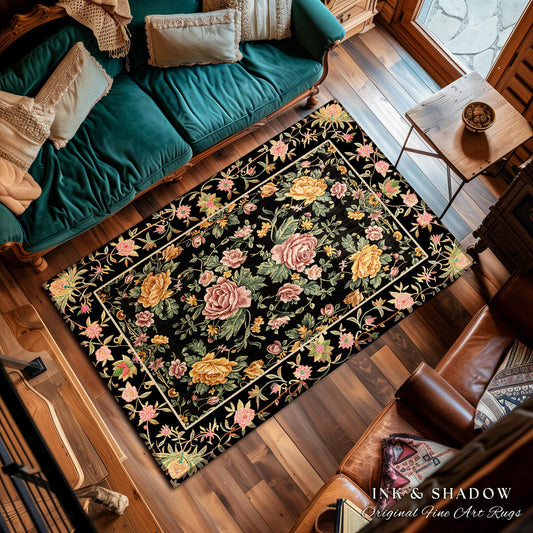 Victorian Roses Floral Accent Rug | Dark Floral Aesthetic Living Room Home Decor Rustic Housewarming Gift Cottagecore Pastel Bedroom Mat