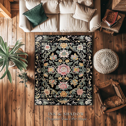 Flowery Bedroom Accent Rug | Dark Floral Aesthetic Victorian Living Room Home Decor Rustic Housewarming Gift Cottagecore Bedroom Floor Mat |