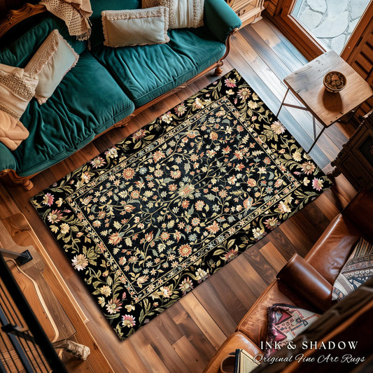 Ornate Gothic Area Rug | Dark Wildflower Aesthetic Living Room Gothic Home Decor Rustic Housewarming Gift Dark Academia Bedroom Folklore Art