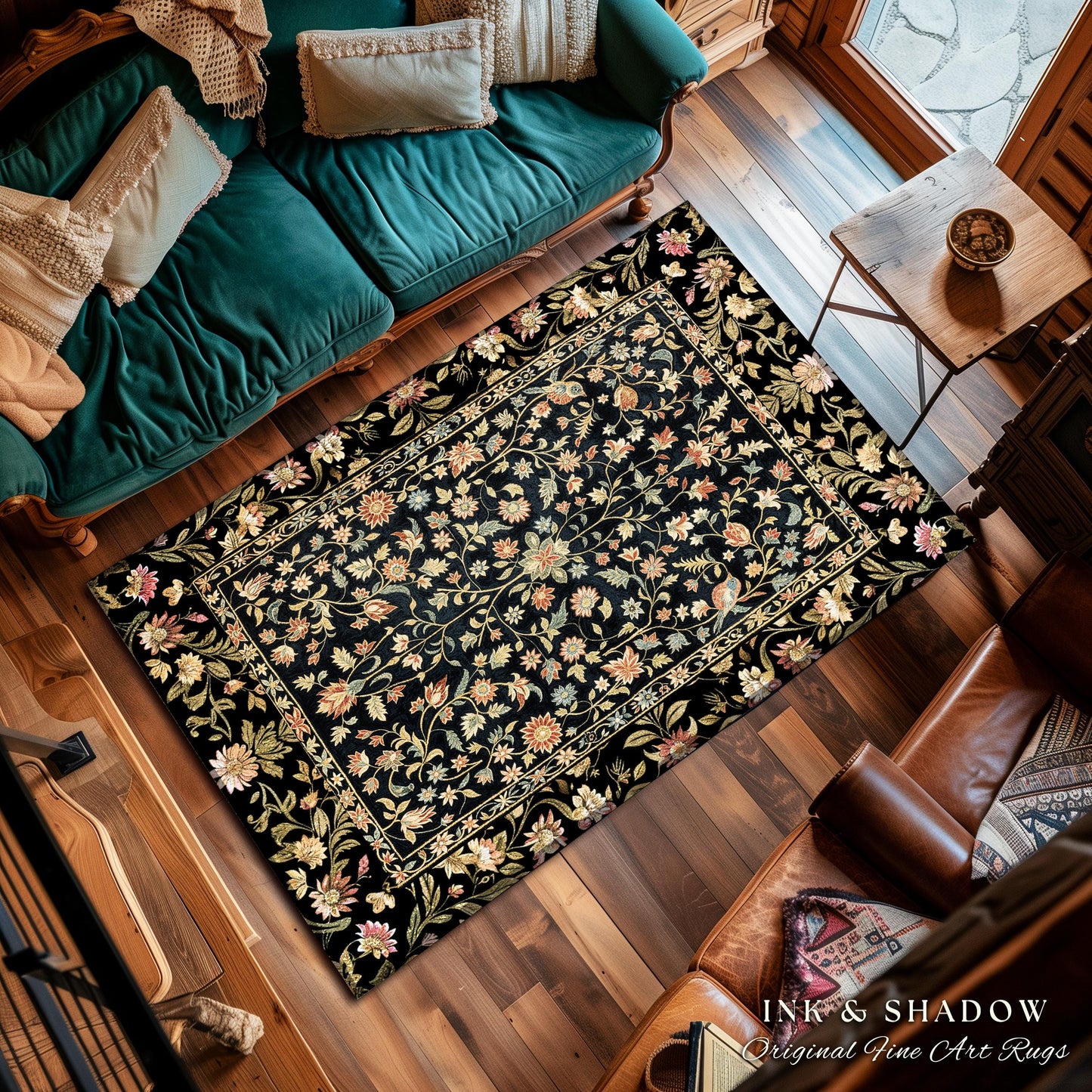 Ornate Gothic Area Rug | Dark Wildflower Aesthetic Living Room Gothic Home Decor Rustic Housewarming Gift Dark Academia Bedroom Folklore Art