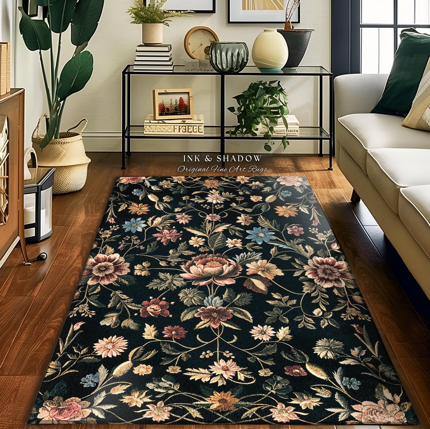 Dark Victorian Aesthetic Rug | Ethereal Gothic Livingroom Decor Ornate Home Decor Whimsical Crowcore Rug Dark Academia Witchy Bedroom Floral