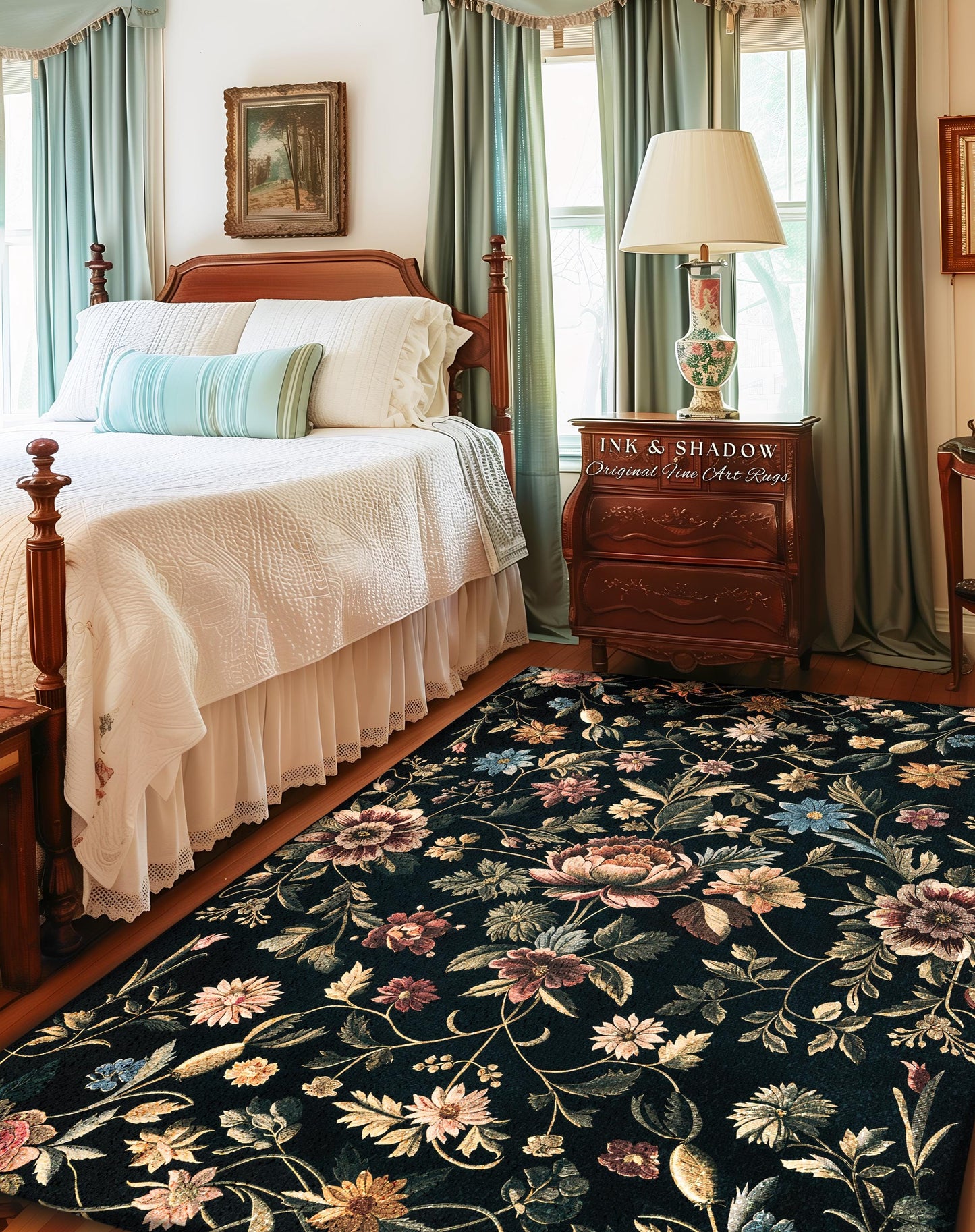 Dark Victorian Aesthetic Rug | Ethereal Gothic Livingroom Decor Ornate Home Decor Whimsical Crowcore Rug Dark Academia Witchy Bedroom Floral