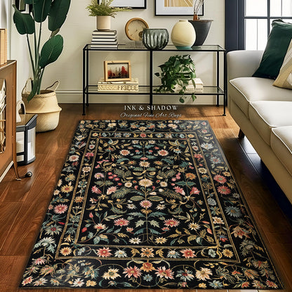 Charming Countryside Floral Field Folk Art Rug, Rustic Wildflower Botanical Cottagecore Decor Ethereal Home Victorian Garden Folklore Accent