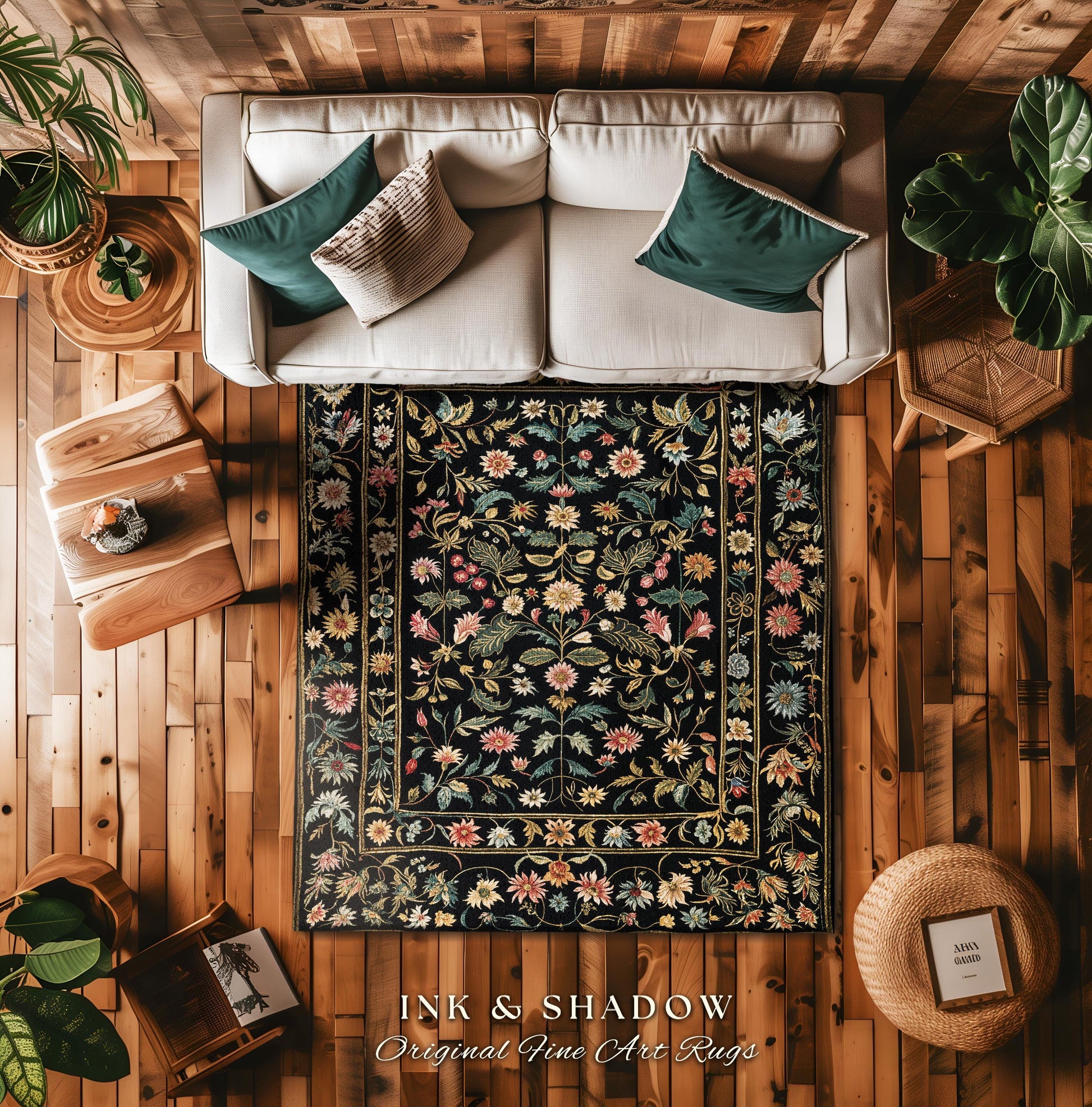 Charming Countryside Floral Field Folk Art Rug, Rustic Wildflower Botanical Cottagecore Decor Ethereal Home Victorian Garden Folklore Accent