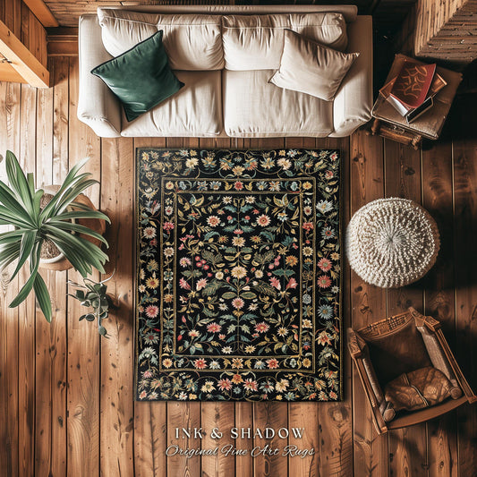 Charming Countryside Floral Field Folk Art Rug, Rustic Wildflower Botanical Cottagecore Decor Ethereal Home Victorian Garden Folklore Accent