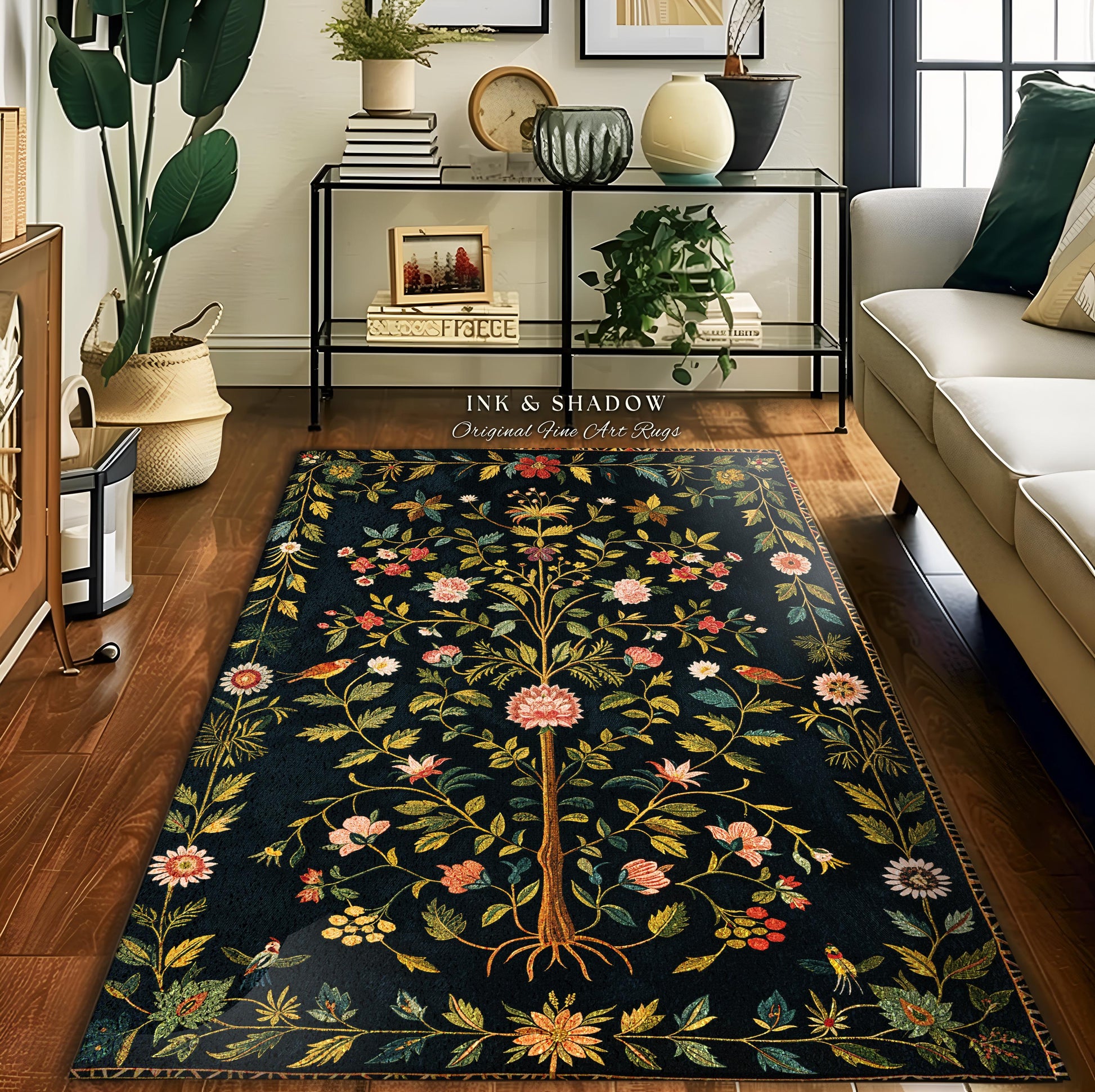 Boho Scandinavian Floral Area Rug | Wildflower Aesthetic Danish Pastel Home Decor Rustic Housewarming Gift Dark Academia Bedroom Folklore |
