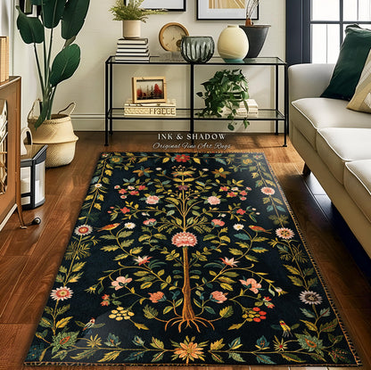 Boho Scandinavian Floral Area Rug | Wildflower Aesthetic Danish Pastel Home Decor Rustic Housewarming Gift Dark Academia Bedroom Folklore |