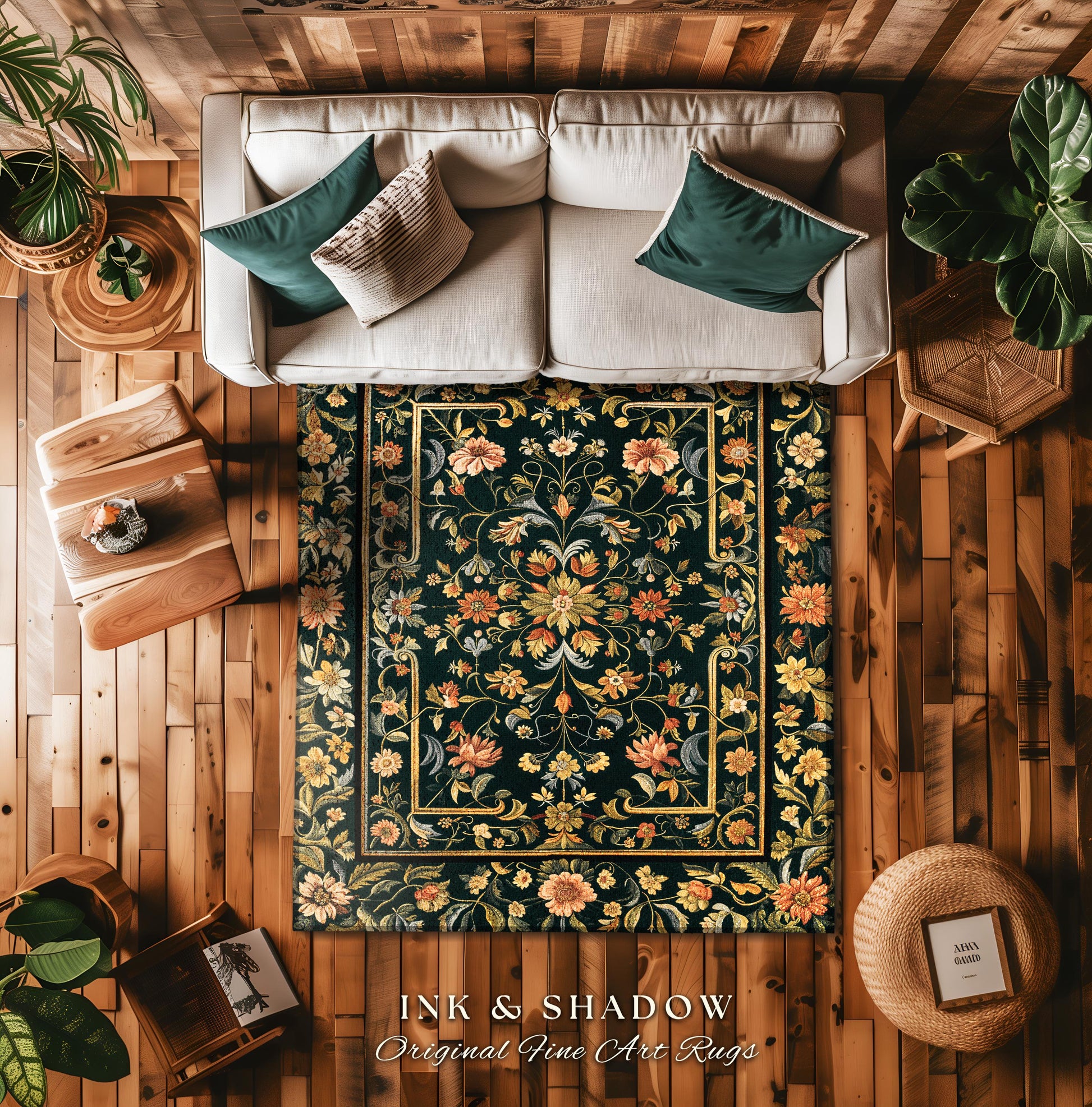 Dark Floral Living Room Rug | Wildflower Aesthetic Ornate Gothic Home Decor Rustic Boho Housewarming Gift Dark Academia Bedroom Folklore Art