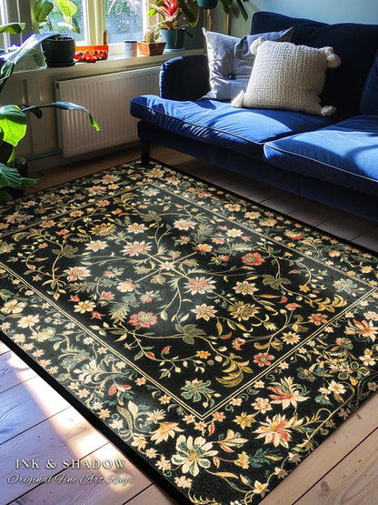Whimsical Wildflower Folklore Aesthetic Rug Floral Cottagecore Danish Decor | Boho Maximalist Home Botanical Fairycore Rustic Flat Weave Rug