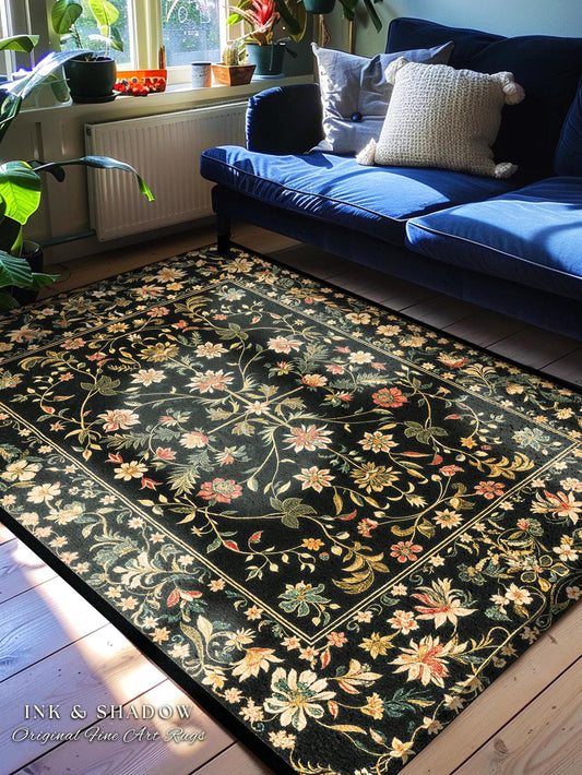 Whimsical Wildflower Folklore Aesthetic Rug Floral Cottagecore Danish Decor | Boho Maximalist Home Botanical Fairycore Rustic Flat Weave Rug