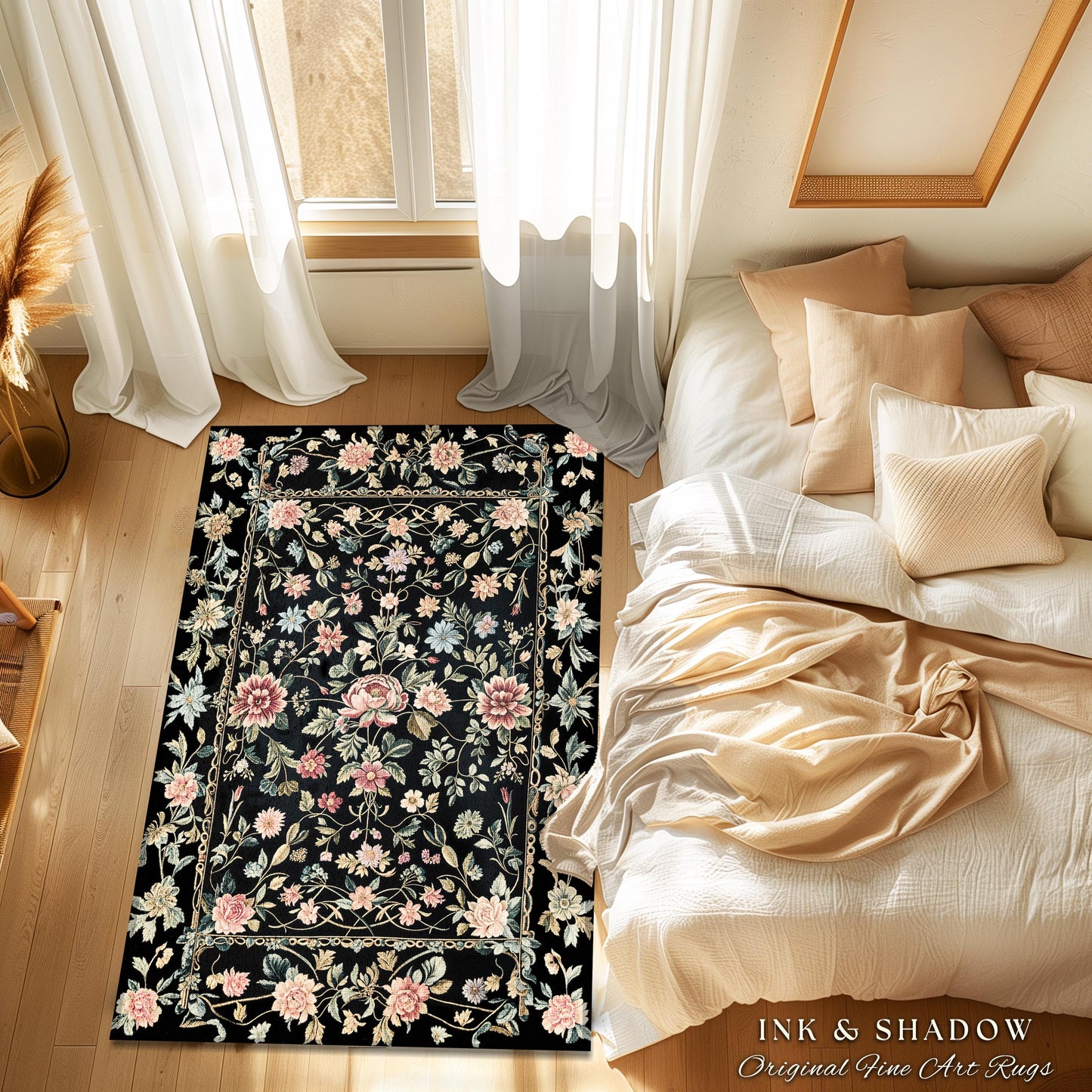 Elegant Victorian Floral Bedroom Rug | Maximalist Aesthetic Danish Pastel Home Decor Rustic Housewarming Gift Fairy Core Bedroom Whimsical |