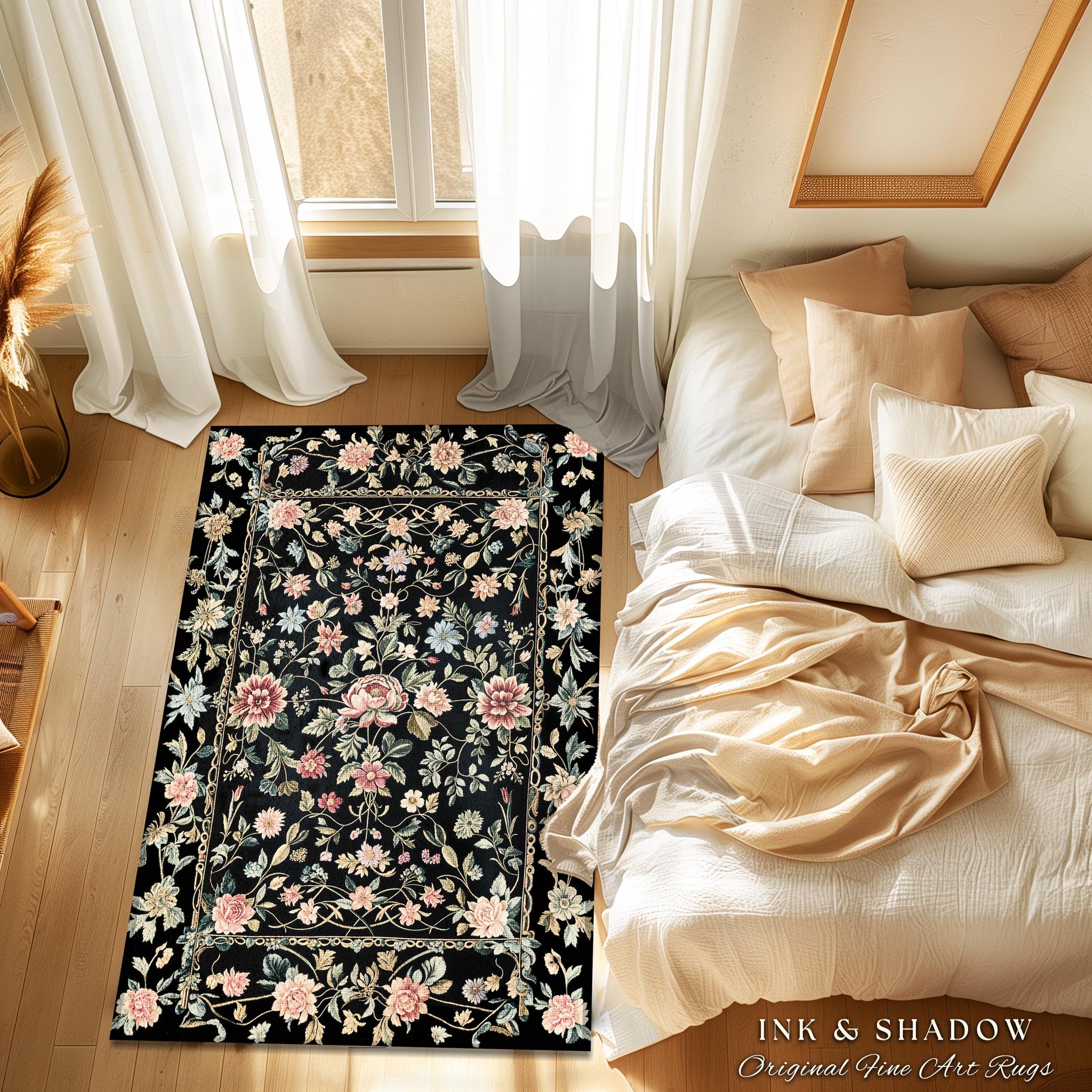 Elegant Victorian Floral Bedroom Rug | Maximalist Aesthetic Danish Pastel Home Decor Rustic Housewarming Gift Fairy Core Bedroom Whimsical |