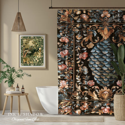 Book Nook Elegant Dragon Scale Shower Curtain | Whimsical Ornate Victorian Pastel Bathroom Dark Academia Moody Botanical Coquette Aesthetic