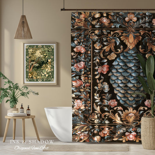 Book Nook Elegant Dragon Scale Shower Curtain | Whimsical Ornate Victorian Pastel Bathroom Dark Academia Moody Botanical Coquette Aesthetic