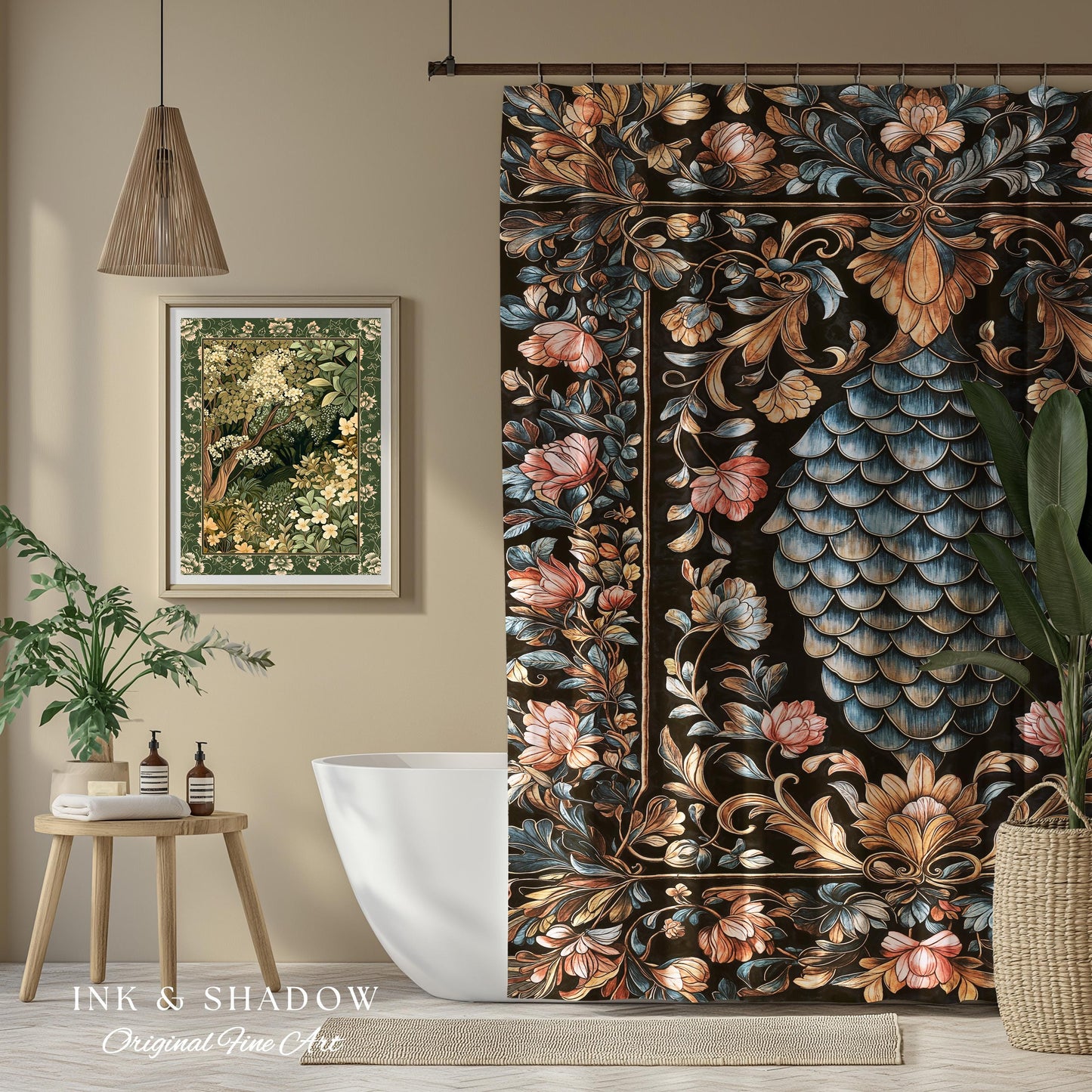 Book Nook Elegant Dragon Scale Shower Curtain | Whimsical Ornate Victorian Pastel Bathroom Dark Academia Moody Botanical Coquette Aesthetic