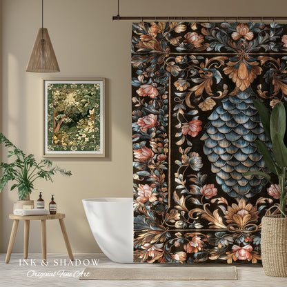 Book Nook Elegant Dragon Scale Shower Curtain | Whimsical Ornate Victorian Pastel Bathroom Dark Academia Moody Botanical Coquette Aesthetic