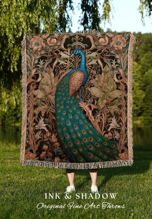 Folk Art Peacock Tapestry Woven | Woodland Maximalist Blanket Woven Tapestry William Morris Style Woodland Decor Dark Cottagecore Peacock |