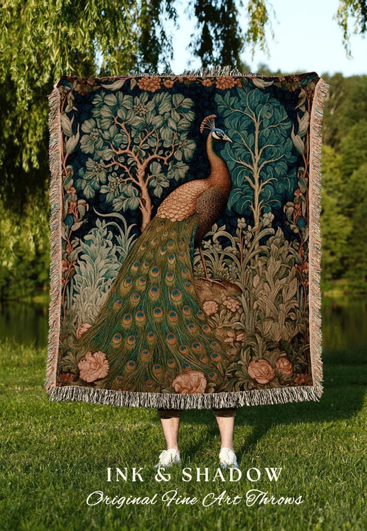 Folklore Peacock Woven Blanket | Woodland Folk Art Blanket Woven Tapestry William Morris Style Woodland Decor Dark Cottagecore Peacock Decor