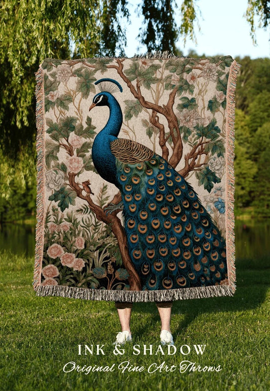 Peacock Throw Blanket Boho | William Morris Inspired Decor Forestcore Room Design Maximalist Tapestry Woven Botanical Fairy Grunge Aesthetic