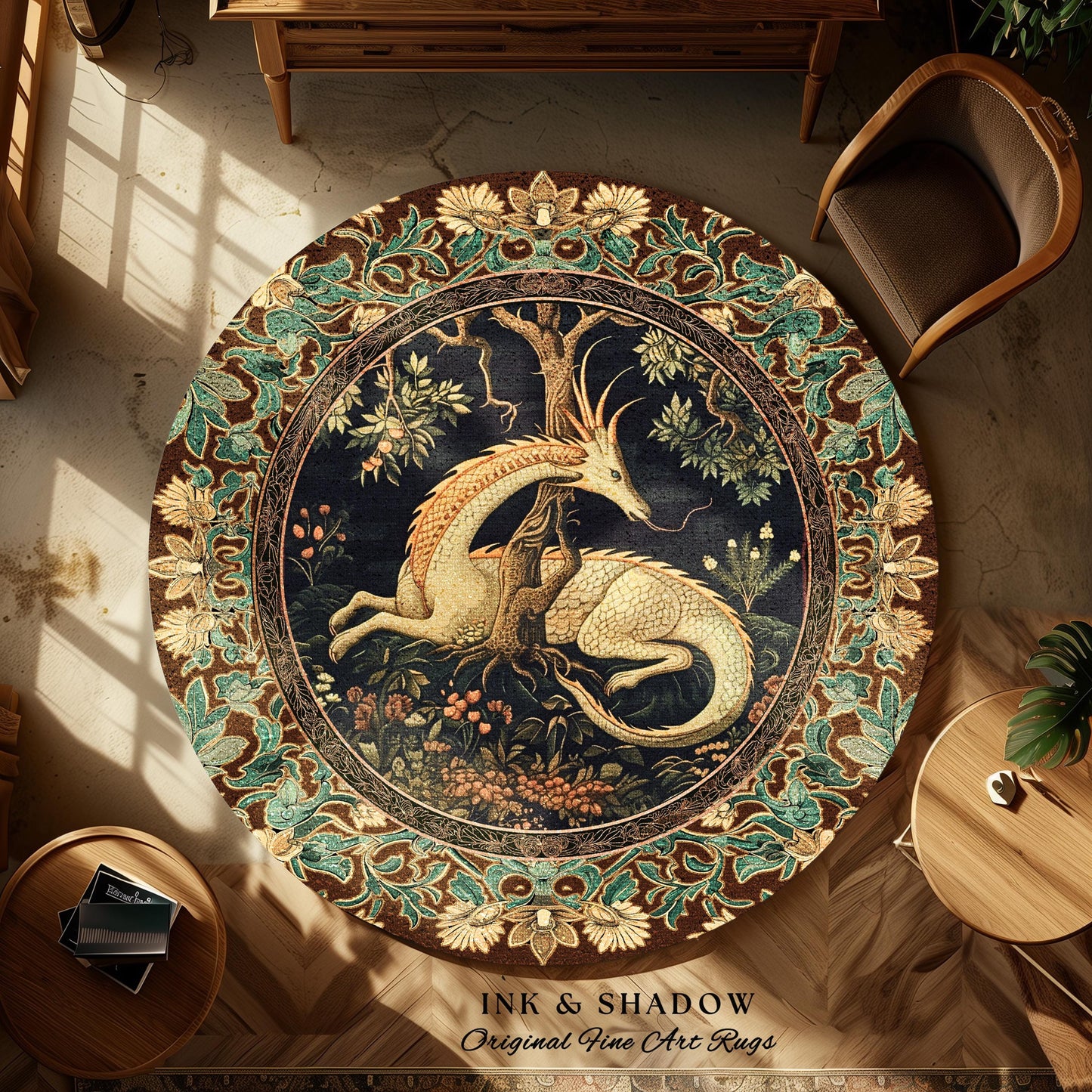 Renaissance Dragon Round Area Rug Forestcore Victorian Gothic Charm | Antique Baroque Style Enchanted Medieval Fantasy Cottagecore Woodland