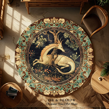 Renaissance Dragon Round Area Rug Forestcore Victorian Gothic Charm | Antique Baroque Style Enchanted Medieval Fantasy Cottagecore Woodland