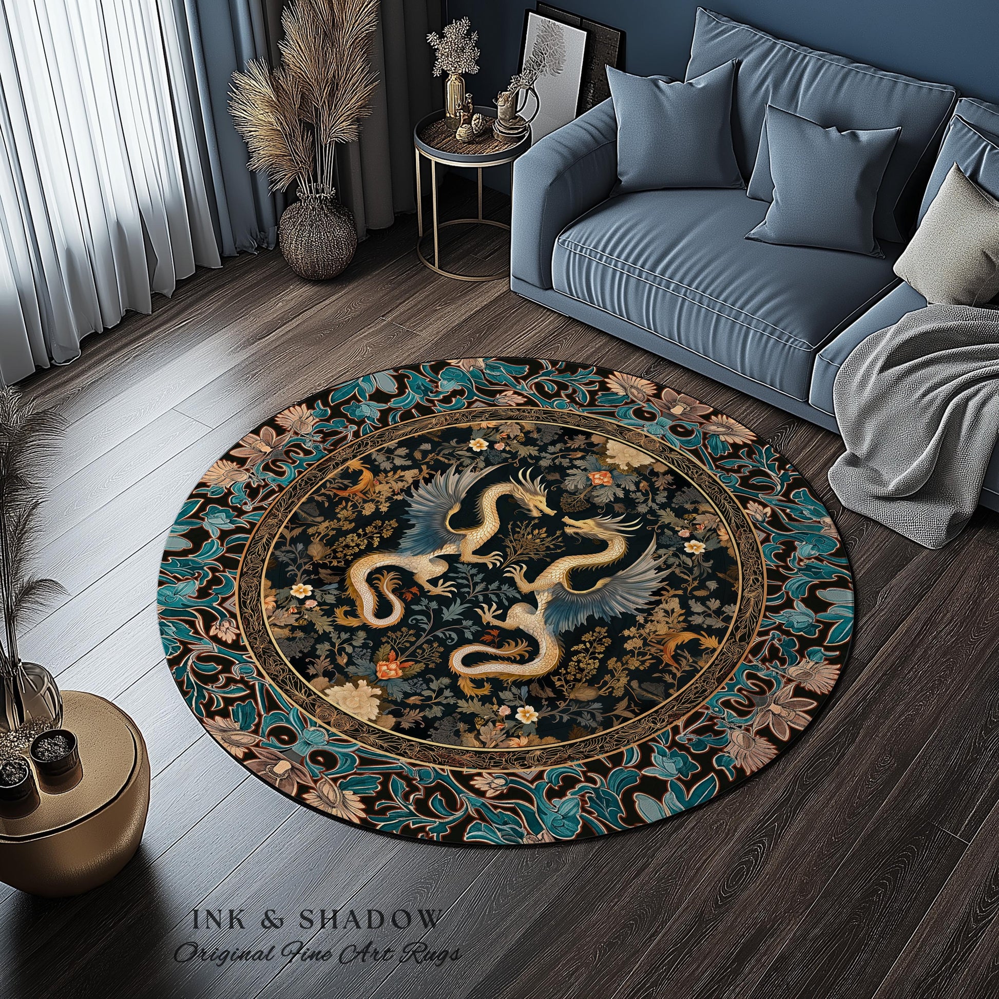 Art Deco Dragon Round Area Rug Antique Mystical Baroque Style Decor | Abstract Dragon Art Whimsical Aesthetic Home Dark Academia Teal Accent