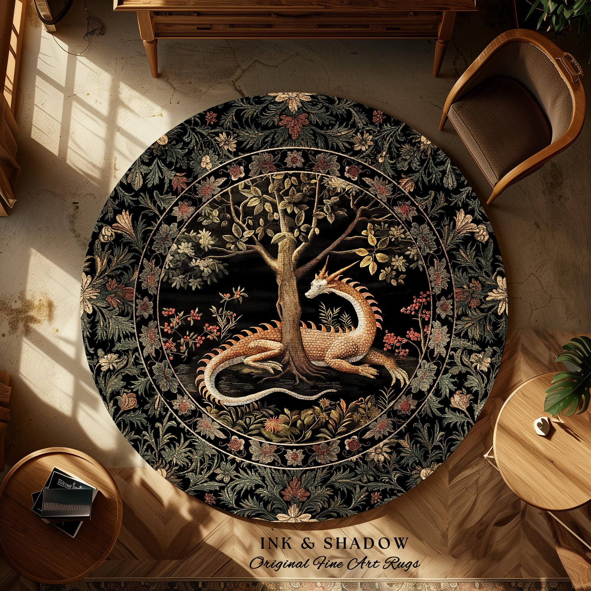 Dark Medieval Fantasy Round Area Rug | Baroque Aesthetic Fairytale Inspired Nursery Decor Mystic Academia Fairycore Goth Bedroom Home Accent