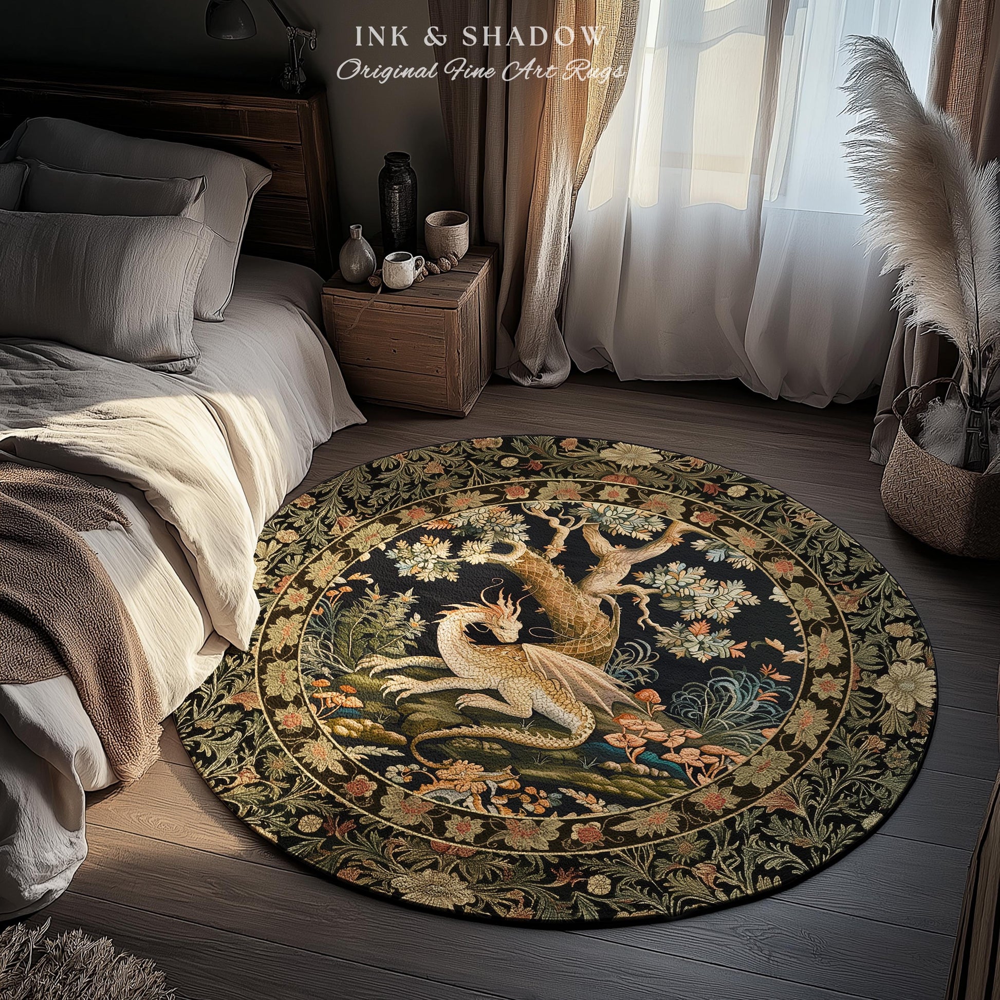 Fantasy Inspired Round Area Rug | Dark Academia Gothic Book Nook Decor Fairycore Bedroom Magical Dragon Aesthetic Maximalist Game Room Rug |