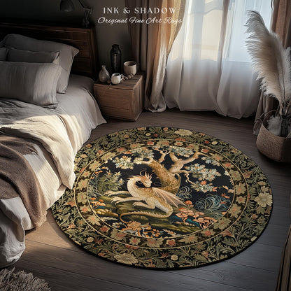 Fantasy Inspired Round Area Rug | Dark Academia Gothic Book Nook Decor Fairycore Bedroom Magical Dragon Aesthetic Maximalist Game Room Rug |