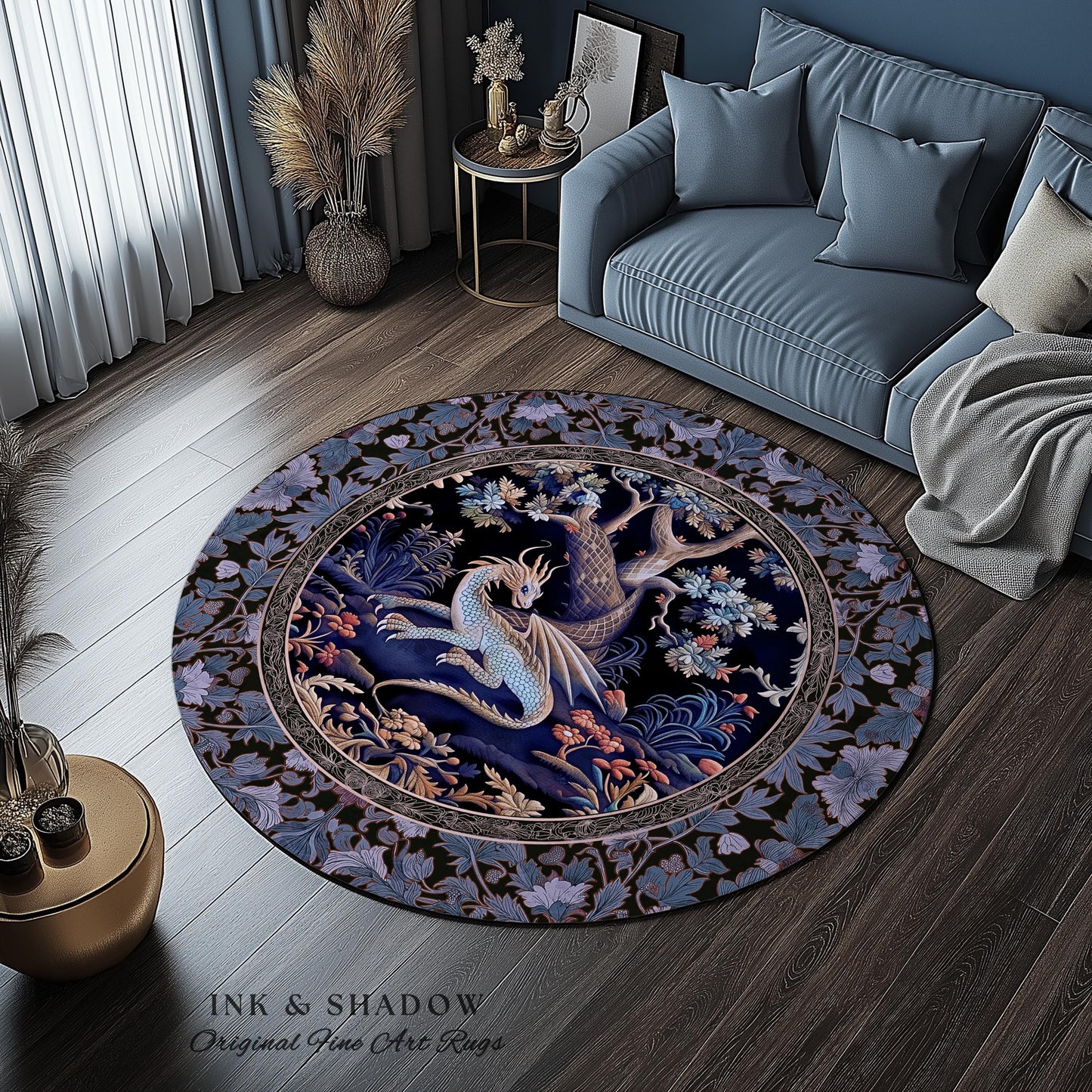 Mystic Moody Dragon Round Area Rug | Ethereal Botanical Woodland Magic Fantasy Theme Bedroom French Baroque Fantasy Tree Rug Blue Hues |